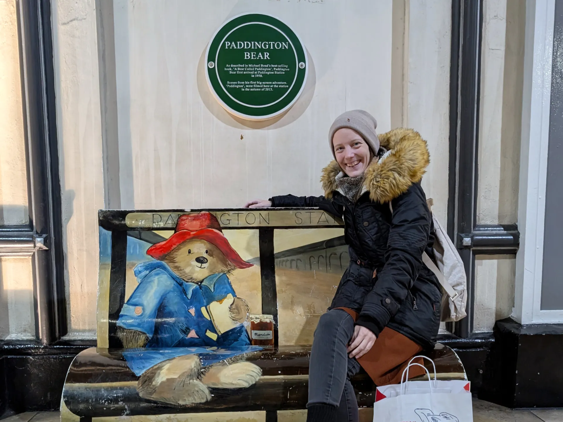 Bench with Paddington print in Paddington Station