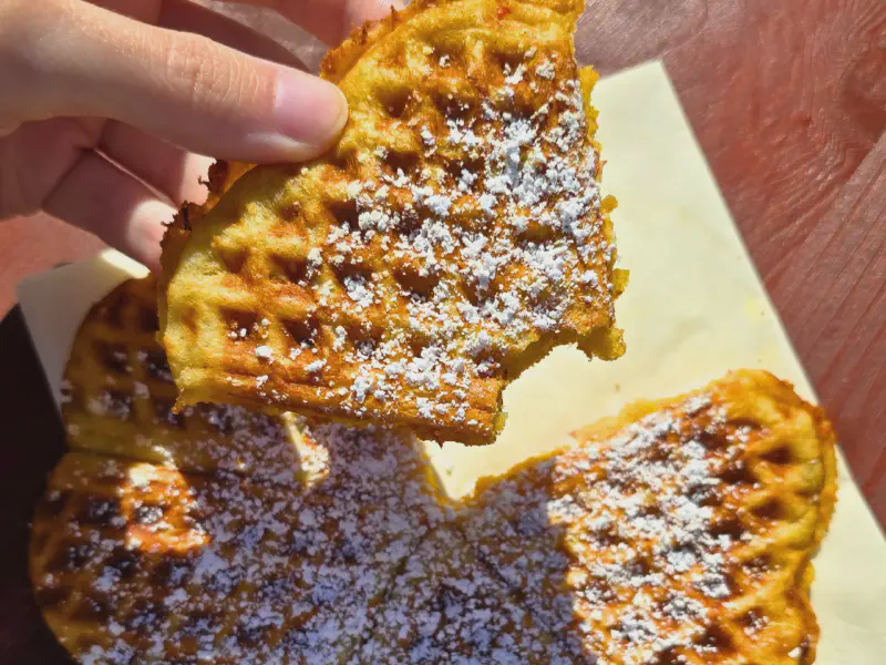 Hand holding a pumpkin waffle with powdered sugar