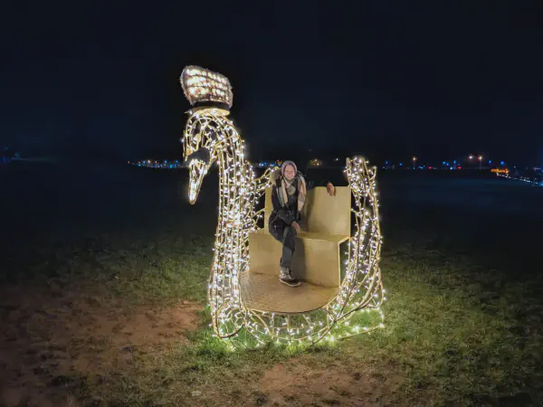 Gina sitting in a swan sculpture
