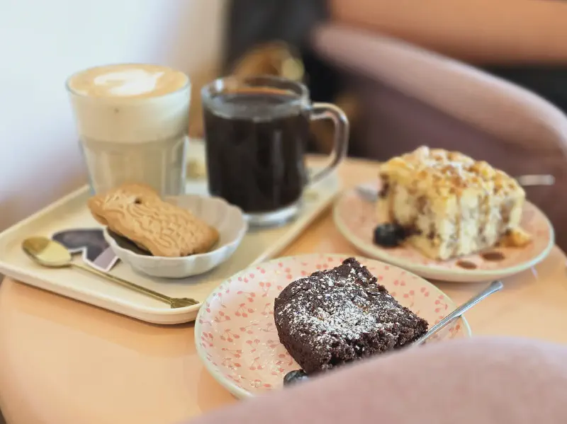Coffee and cake on sweet plates